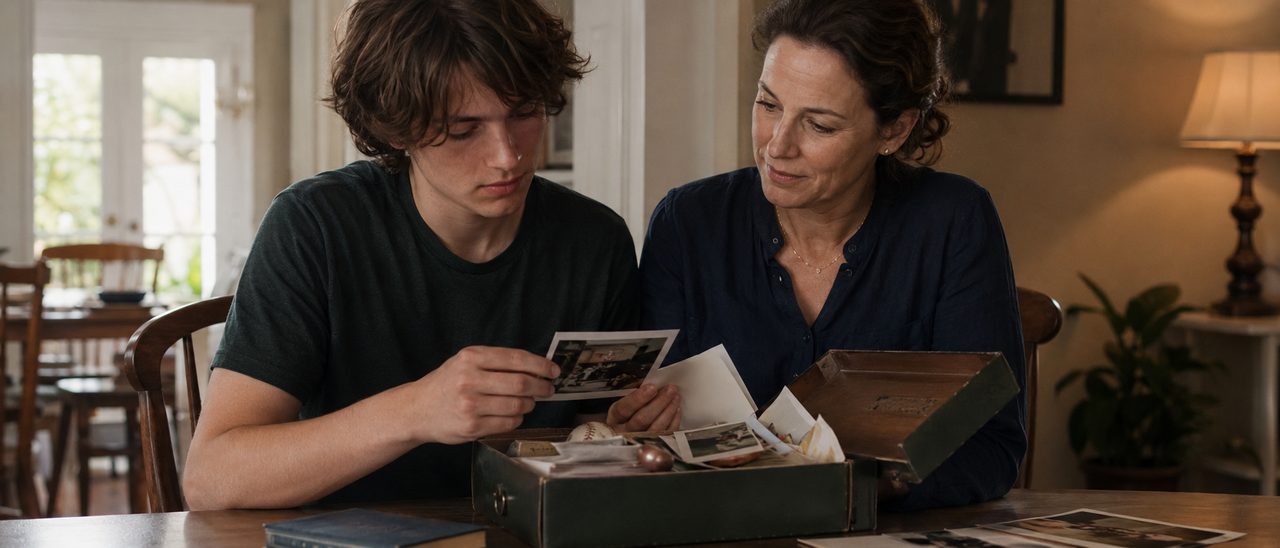 Une mère et son fils adolescent regardant des souvenirs dans une boîte