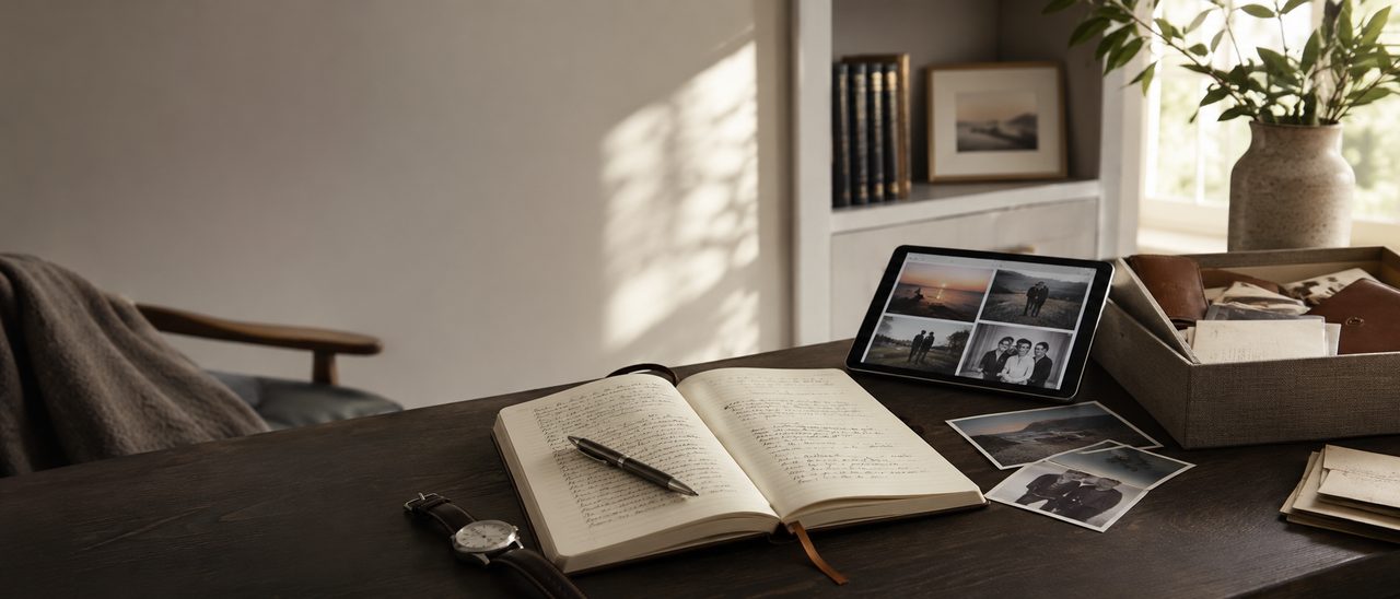 Un journal manuscrit ouvert, une tablette affichant des photos et une boîte de tirages sur un bureau