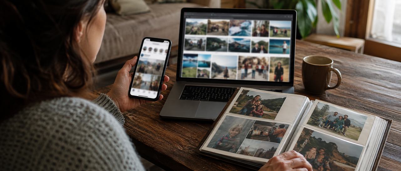 Une personne entre son téléphone, son ordinateur et un album photo